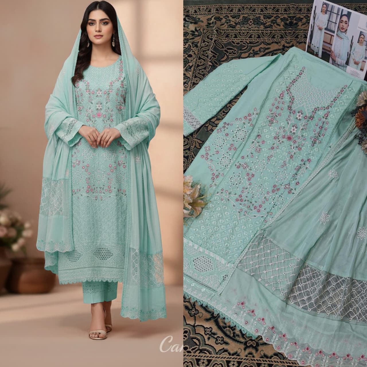 Pastel Sea Green Chikankari Work Unstitched Suit Set 🌸 ✨