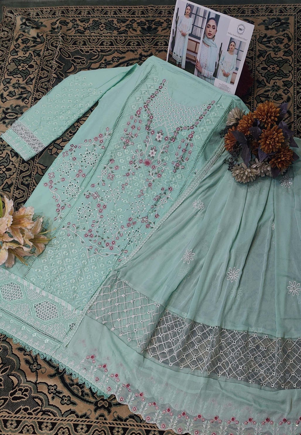 Pastel Sea Green Chikankari Work Unstitched Suit Set 🌸 ✨