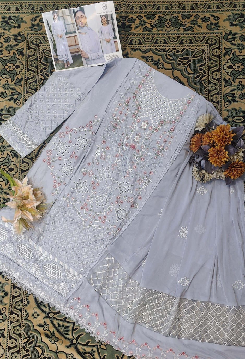 Soft Mist  unstitched Chikankari suit Set