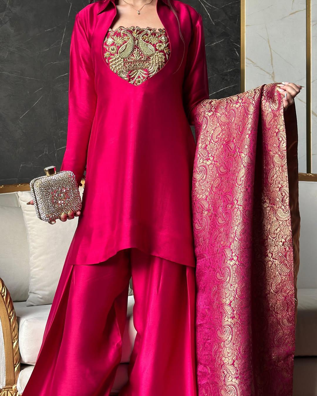 Pink Farsi Salwar Suit Set with Banarasi Dupatta
