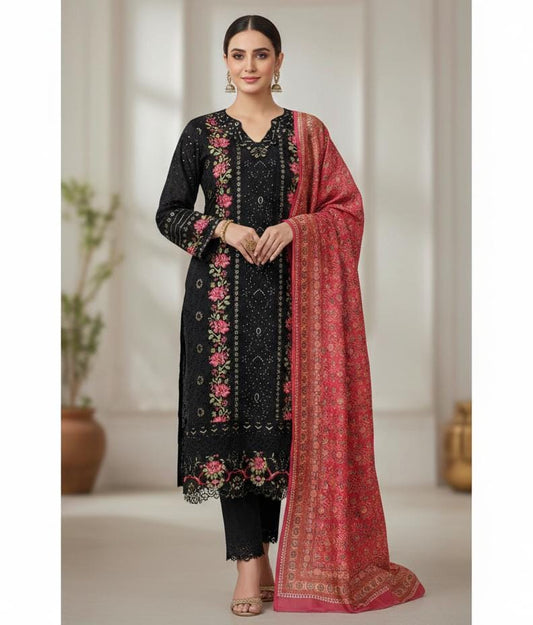 Black Unstitched Embroidered Suit Set