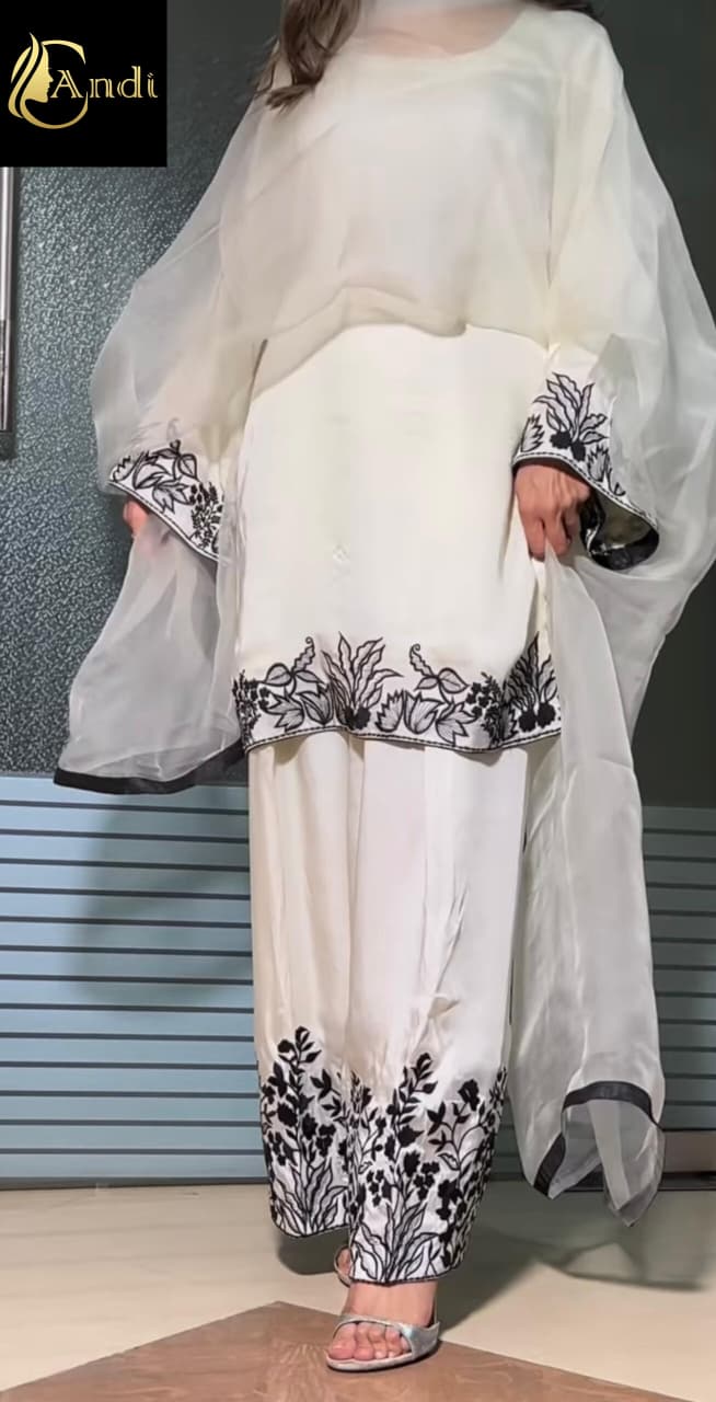 White Black Embroidered Farsi Salwar Suit Set