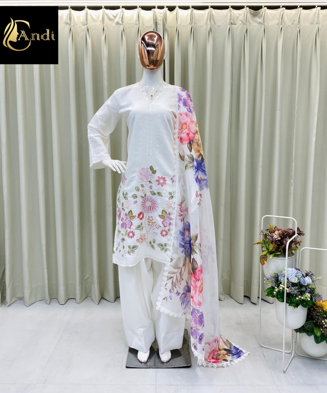 White  Embroidered Suit Set with Floral Dupatta