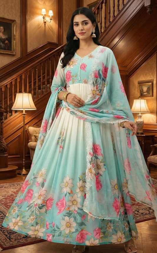 Aqua Bloom Floral Anarkali Gown set