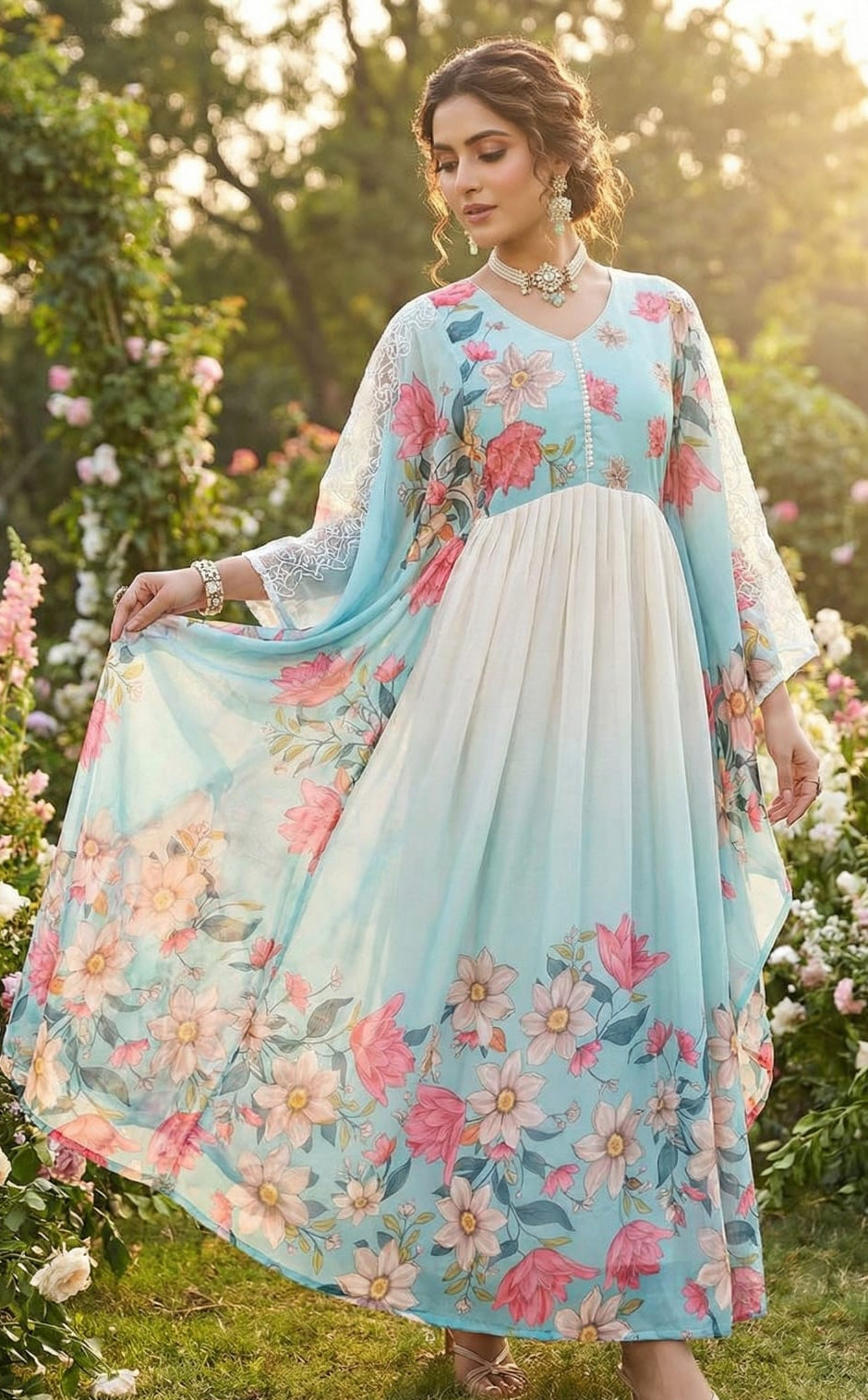 Aqua Bloom Floral Anarkali Gown set