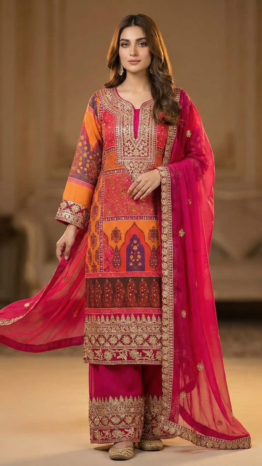 Multicolour Embroidered Kurti Pant Dupatta Set