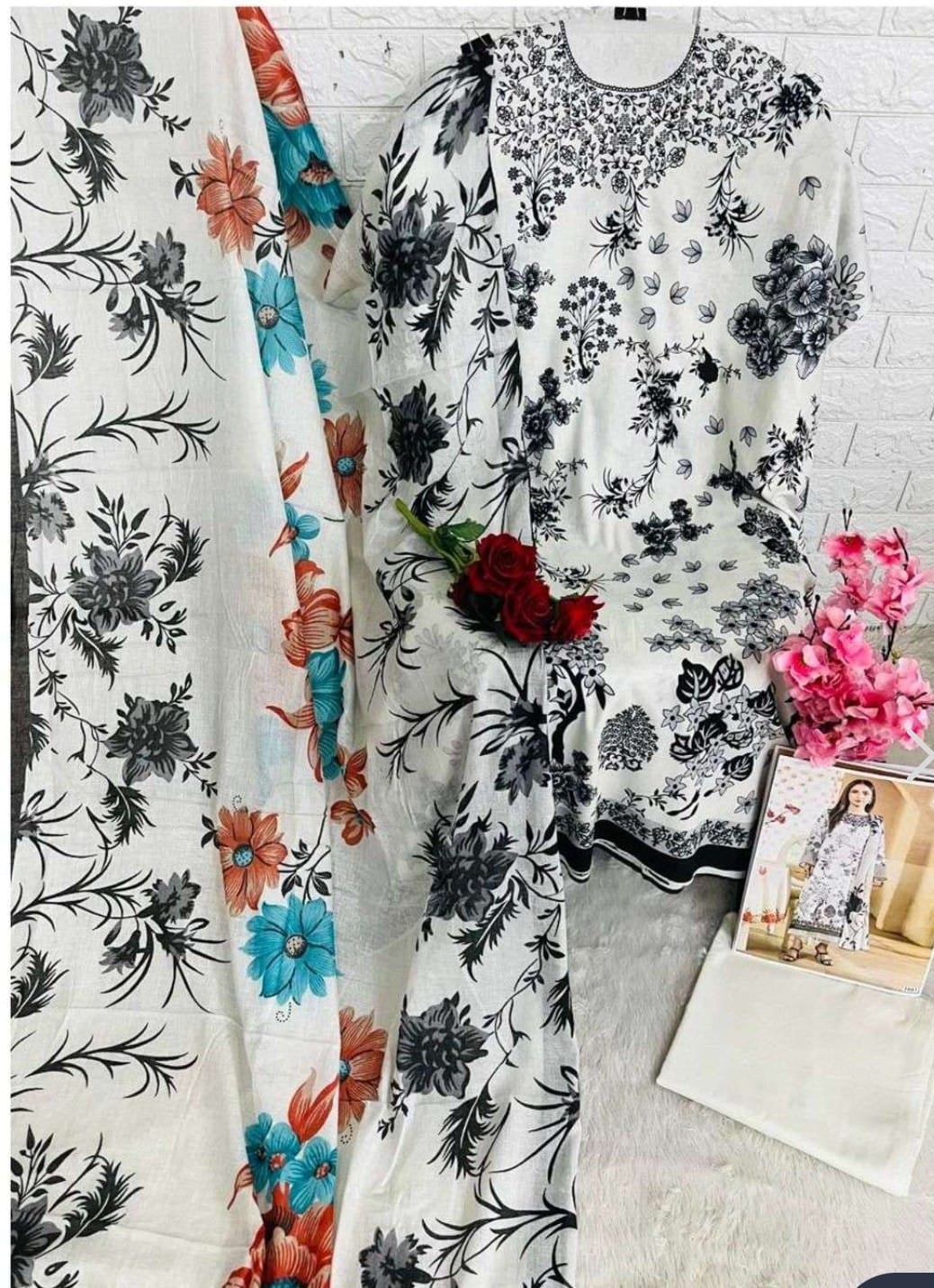 White Floral Printed Lawn Suit Set