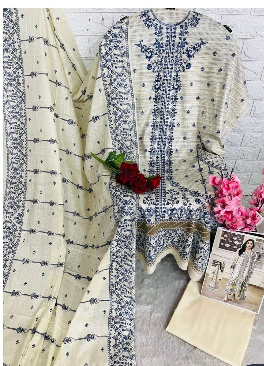 Cream Blue Printed Lawn Suit Set