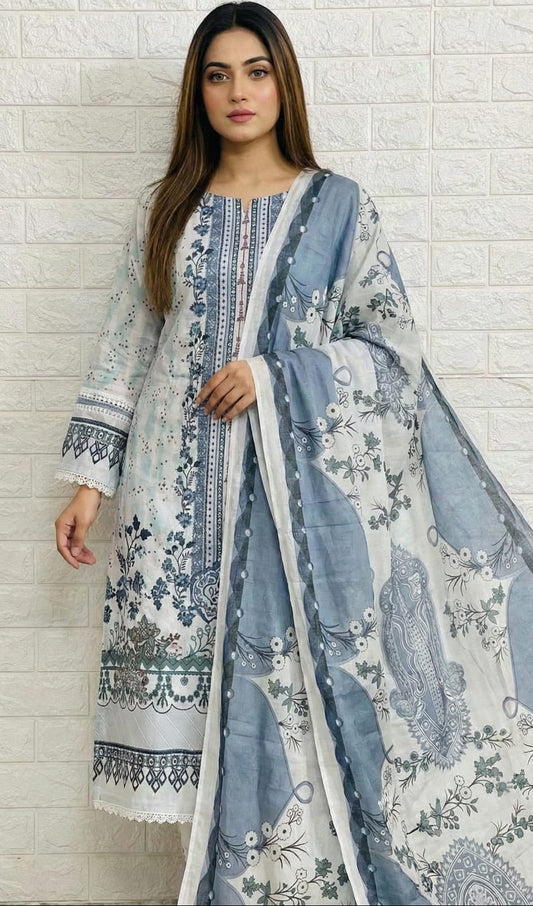 Misty Blue Printed Lawn Suit Set