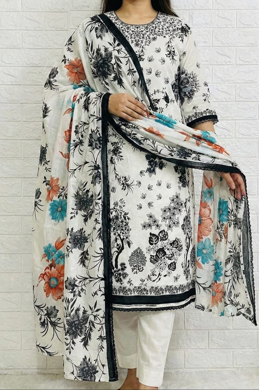 White Floral Printed Lawn Suit Set