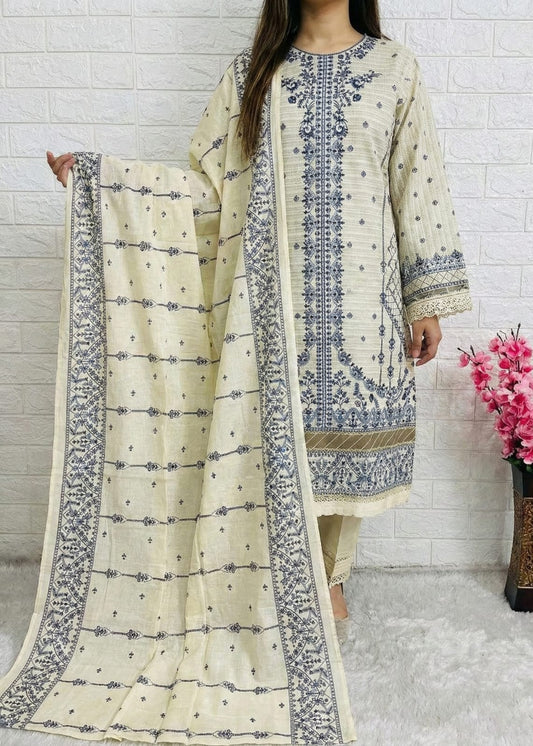 Cream Blue Printed Lawn Suit Set