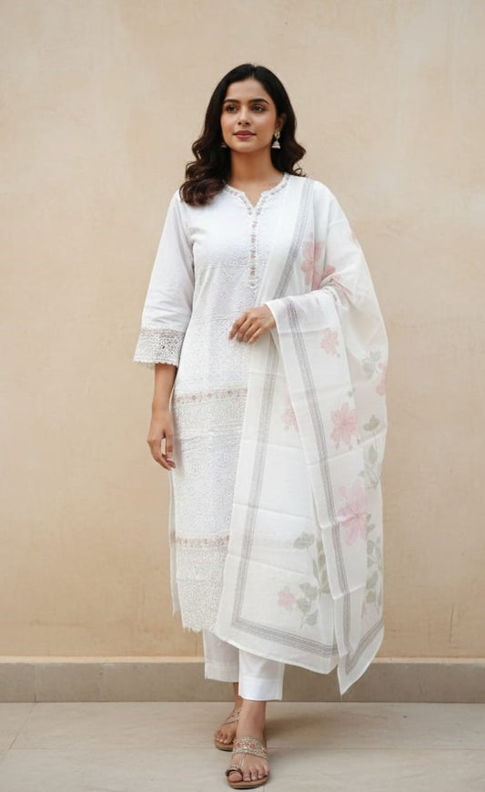White Embroidered Kurti Pant Set with Floral Dupatta