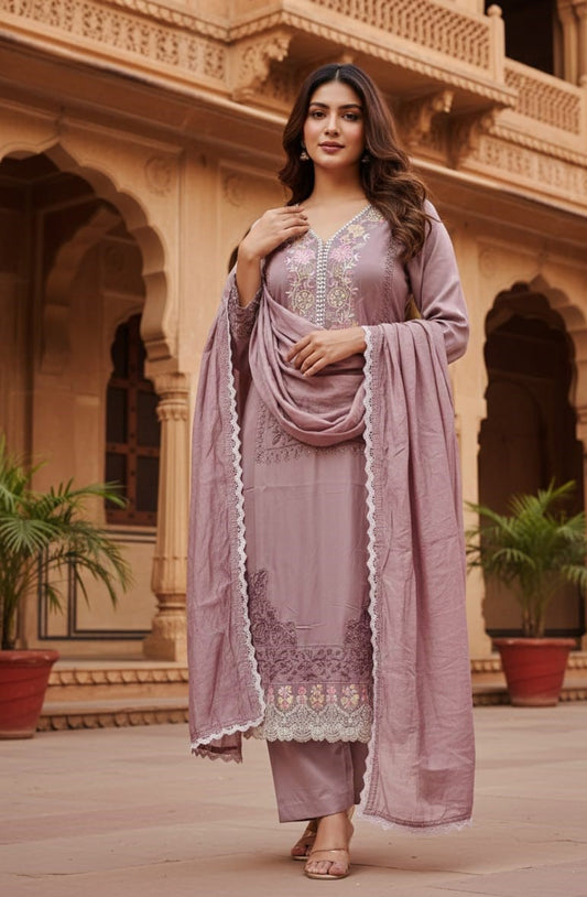 Rose Pink Embroidered Kurti Pant Set with Dupatta