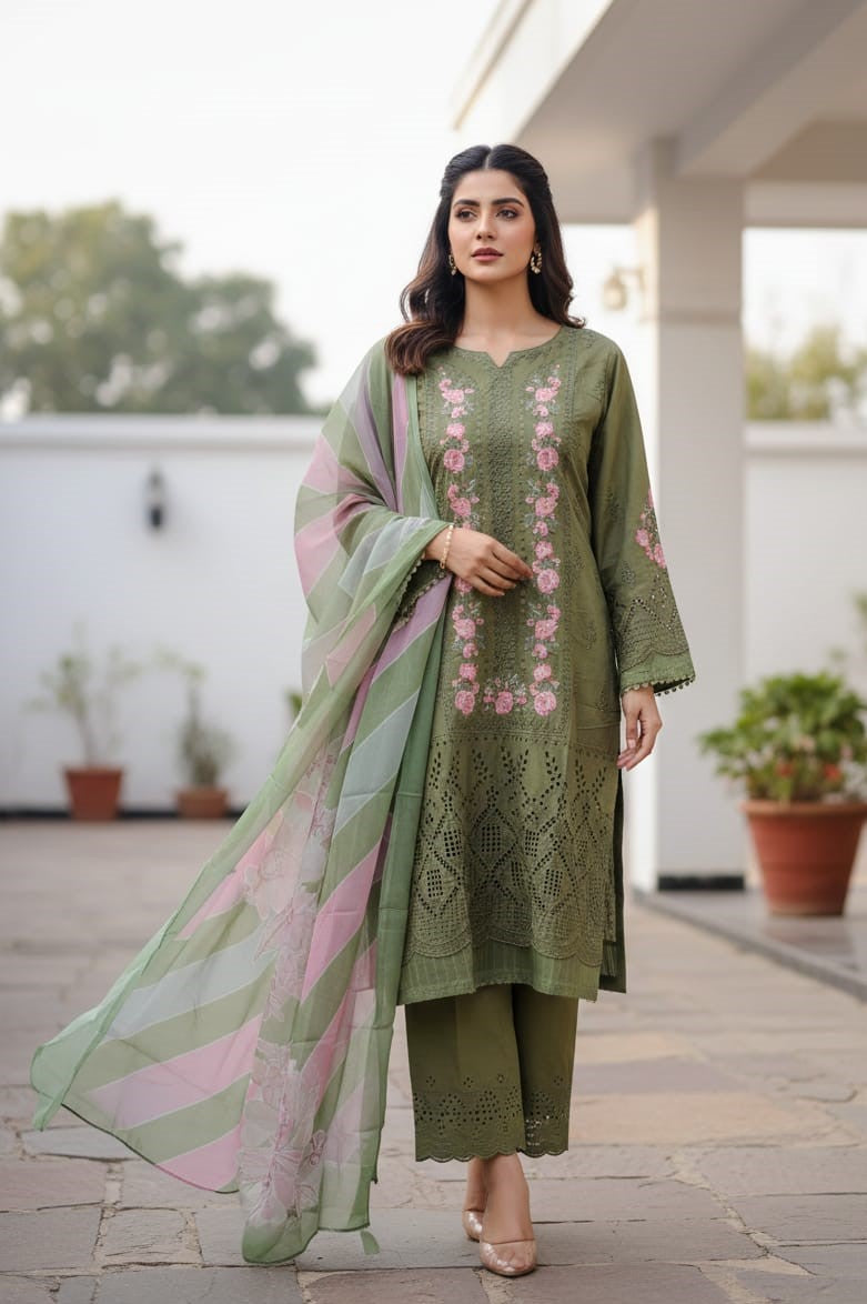 Olive Green Embroidered Kurti Pant Set with Dupatta