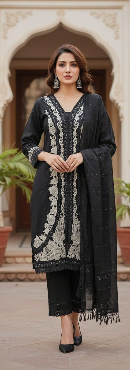Black Embroidered Kurti Pant Set with Dupatta