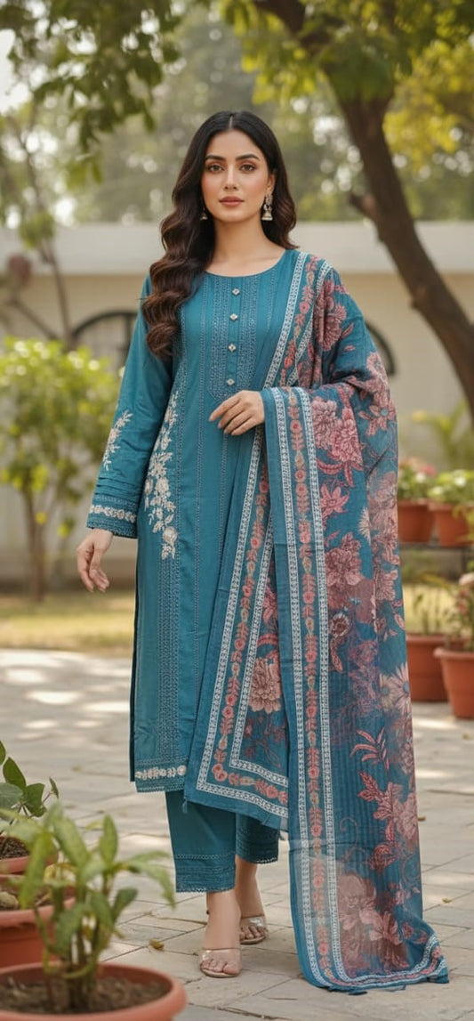 Embroidered Kurti Pant Set with Floral Dupatta