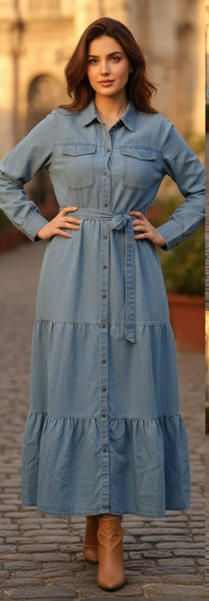Denim Shirt Maxi Dress with Belt