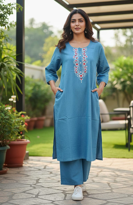 Denim Embroidered Kurti Pant Set