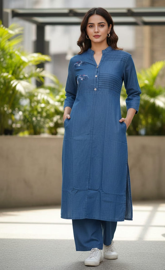 Blue Denim Kurti Pant Set for Women