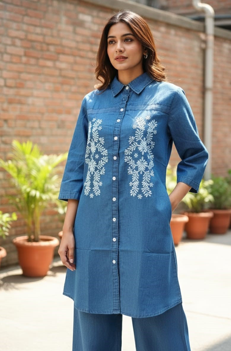 Embroidered Blue Denim Co-Ord set