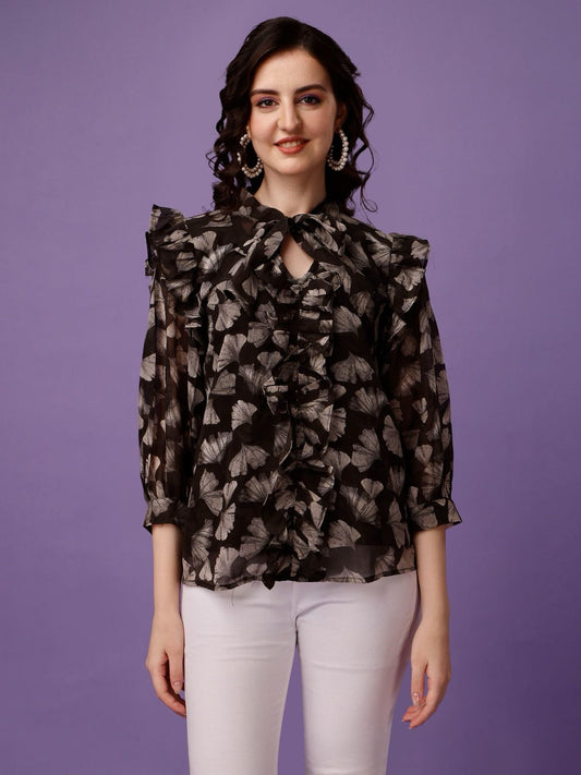 Black Floral Ruffle Tie-Neck Top