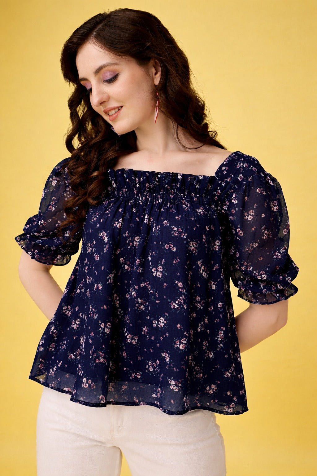 Navy Blue Floral Off Shoulder Top