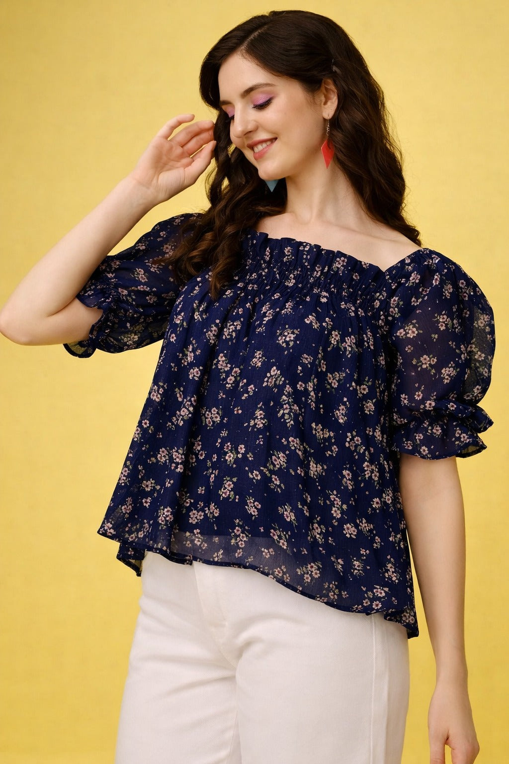 Navy Blue Floral Off Shoulder Top
