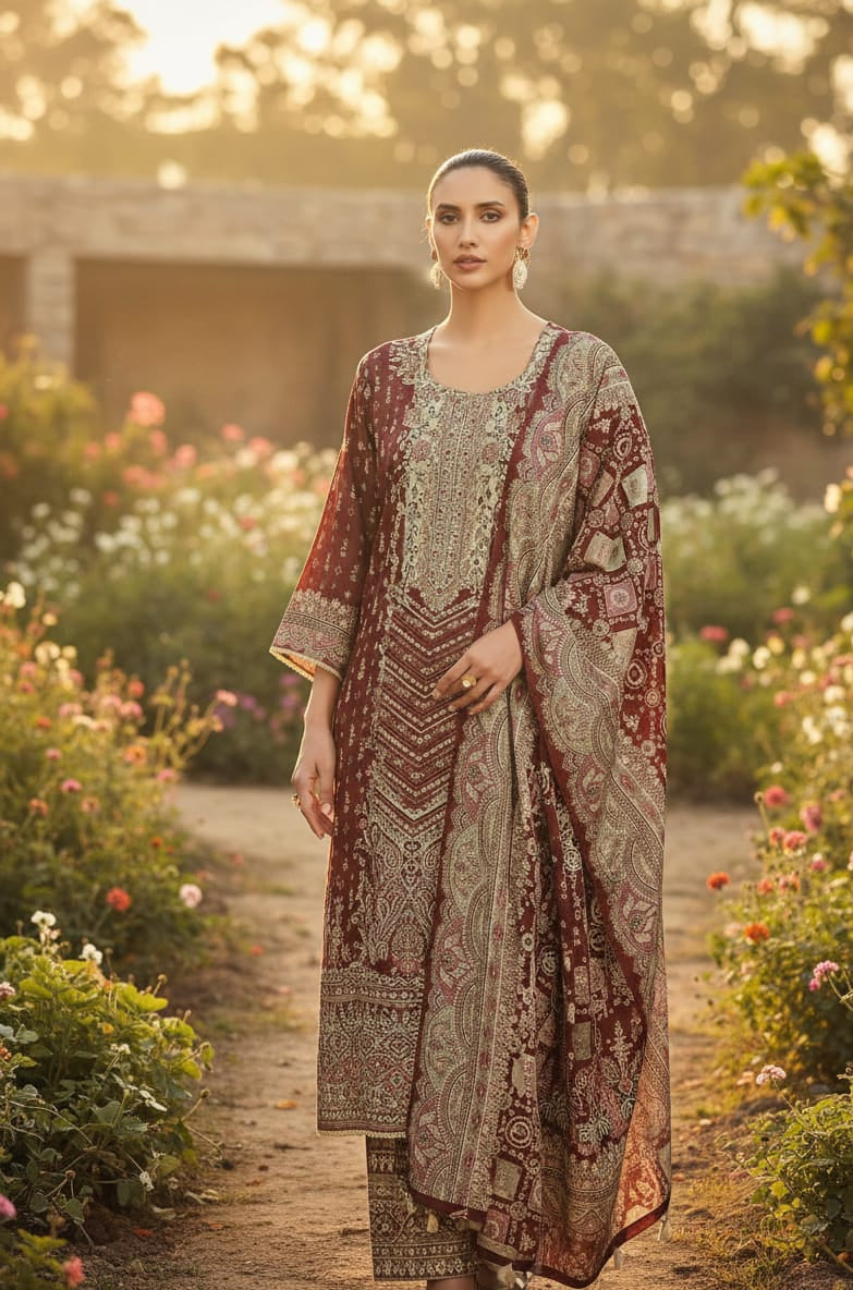 Maroon Printed Kurta Pant Set with Dupatta