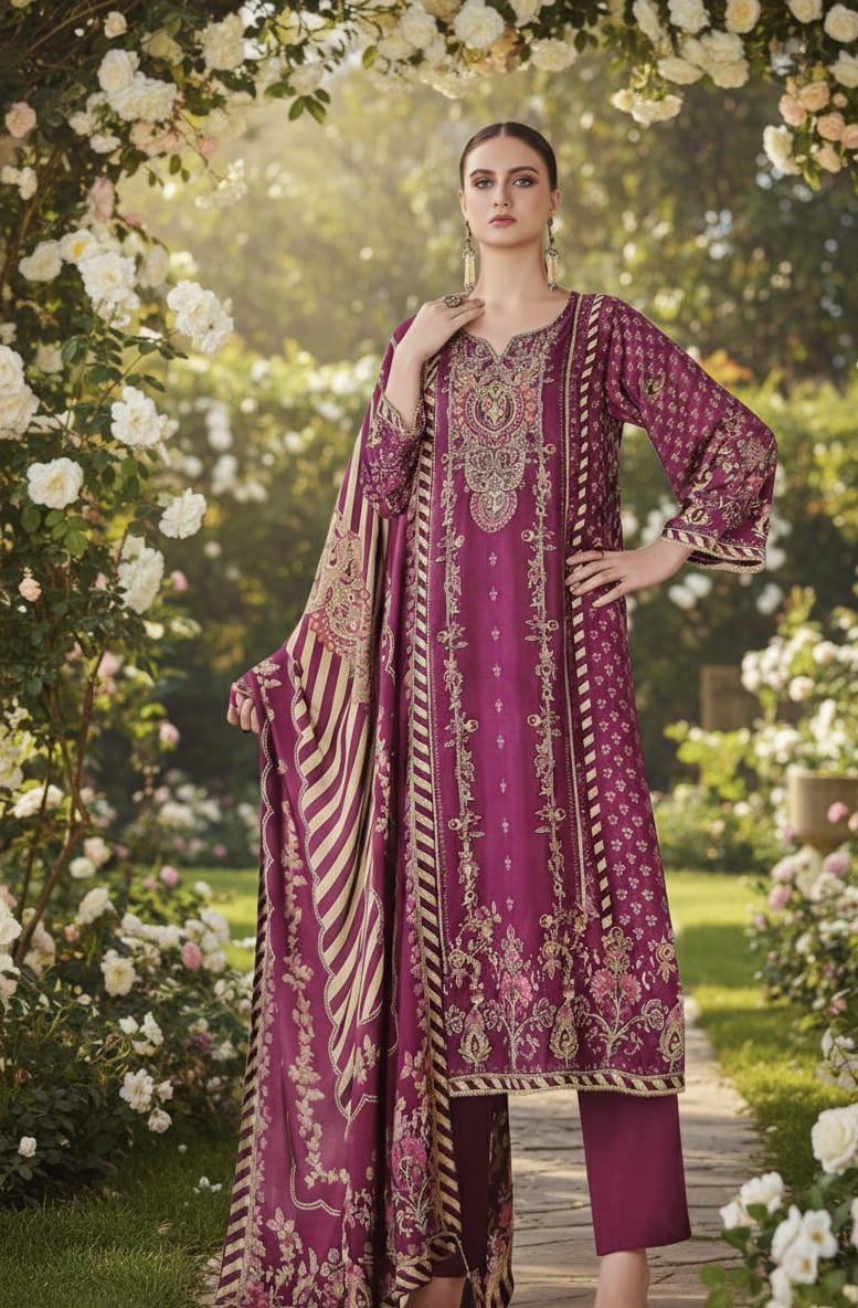 Magenta Embroidered Kurta Pant Set