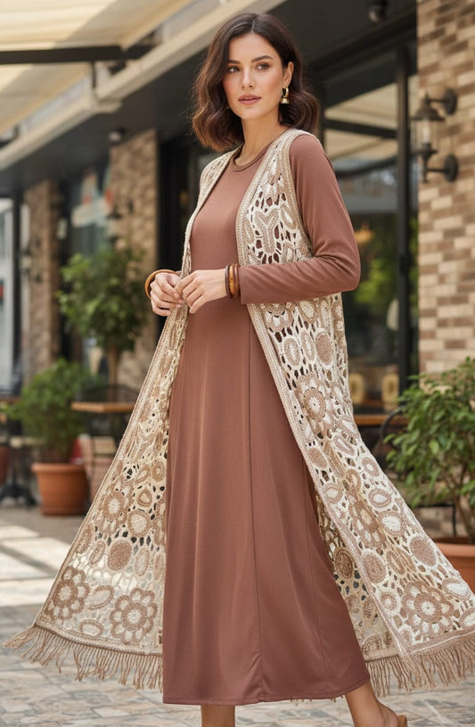 Maxi Dress with Boho Crochet Long Shrug