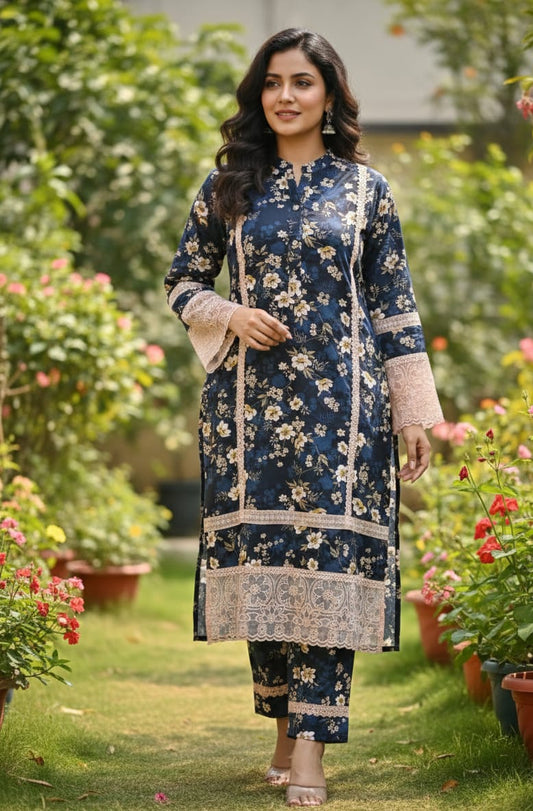 Navy Blue Floral Printed Kurti Pant Set