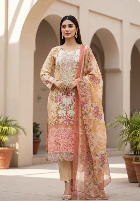 Peach Floral Embroidered Cotton Suit with Dupatta