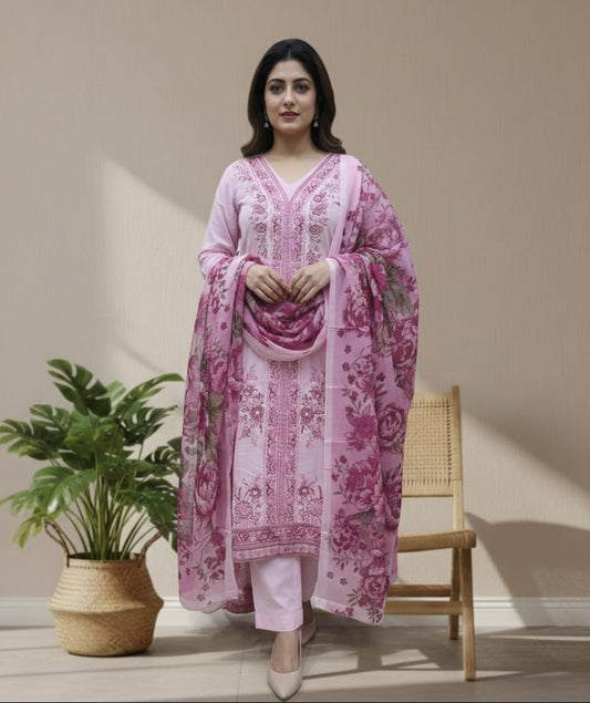 Pink Floral Cotton Kurti Pant Dupatta