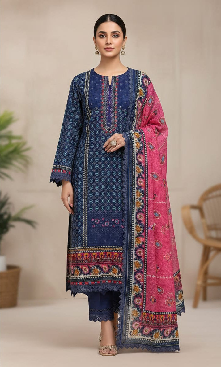 Navy Blue Cotton Kurti Pant Dupatta