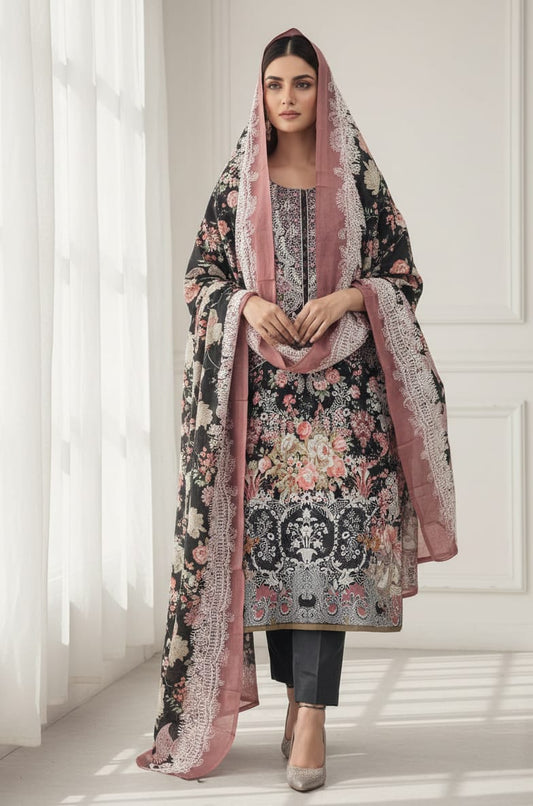 Black Cotton Embroidered Kurti Pant Dupatta Set