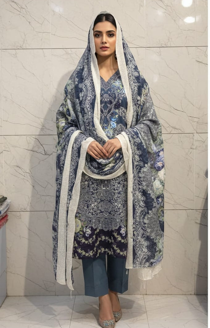 Blue Cotton Embroidered Kurti Pant Dupatta