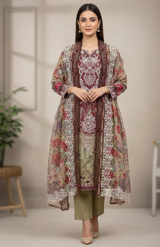 Maroon Cotton Embroidered Kurti Pant Dupatta Set