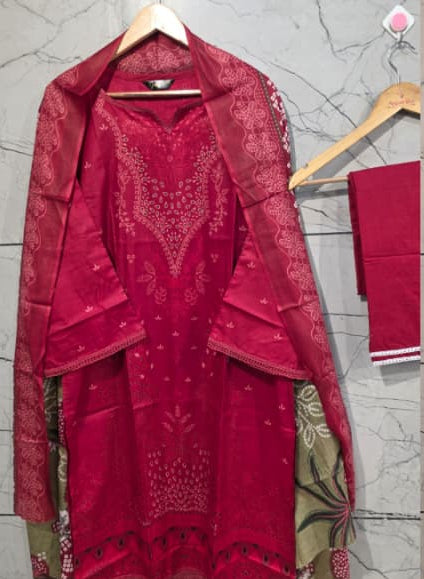 Red Cotton Printed Kurta Set with Dupatta