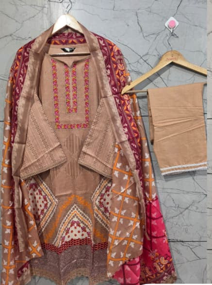 Beige Cotton Printed Kurta Set with Dupatta