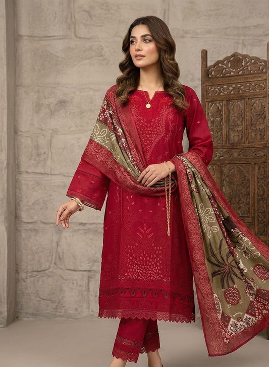 Red Cotton Printed Kurta Set with Dupatta