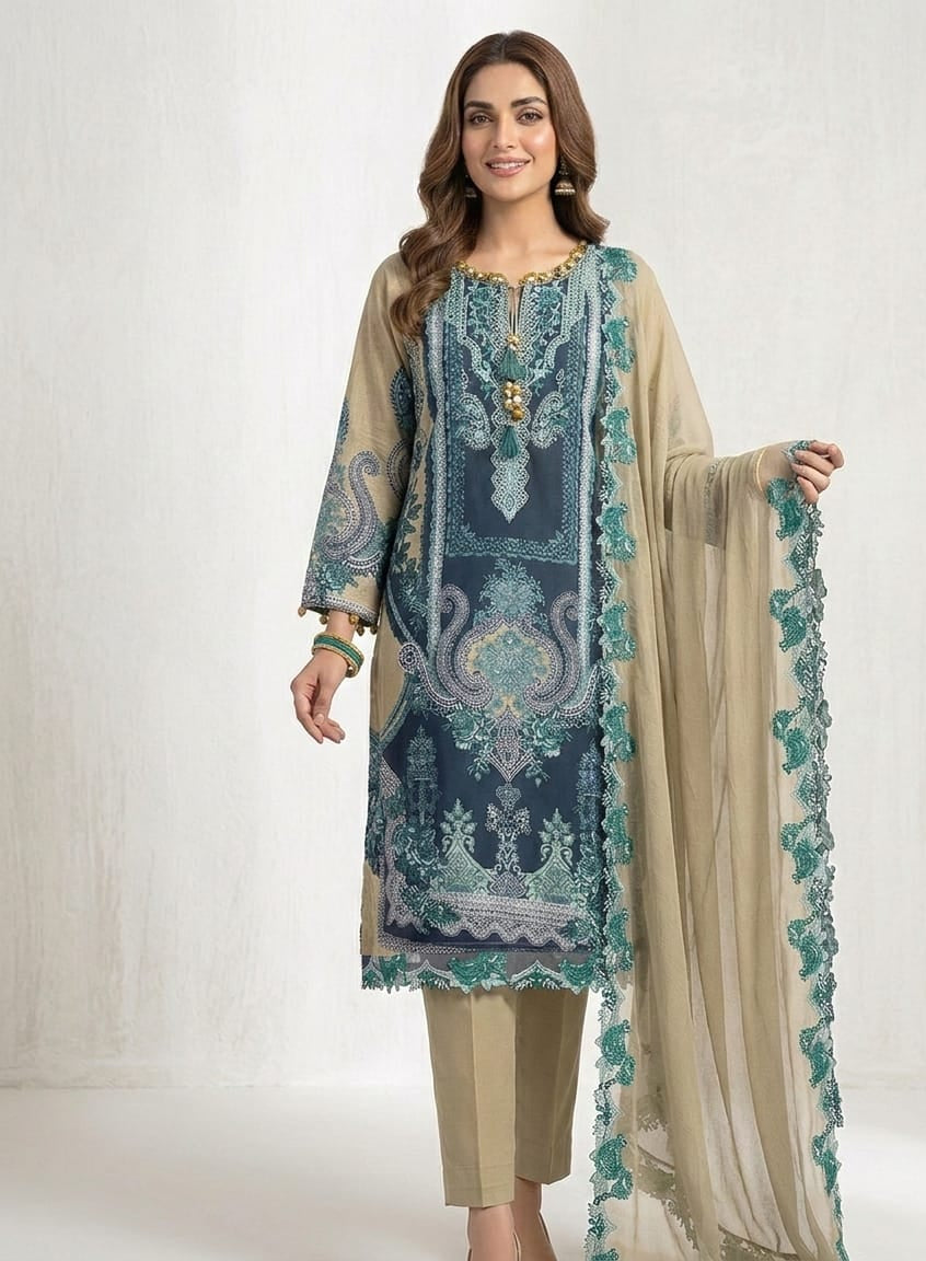 Dark Blue Pakistani Cotton Suit Set with Dupatta