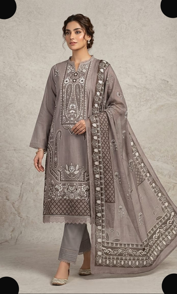 Taupe Pakistani Cotton Suit Set with Dupatta