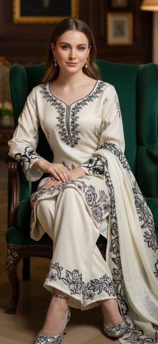 Off White Satin Designer Kurti Pant Dupatta Set