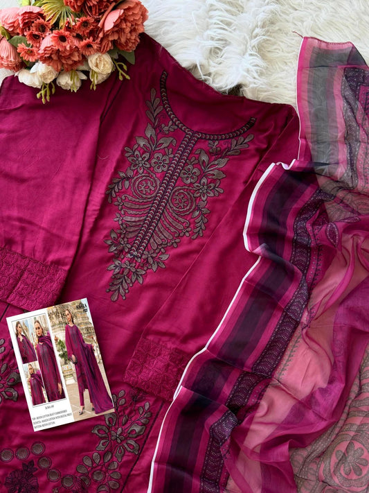 Unstitched Magenta Rayon Cotton Embroidered Kurta Set