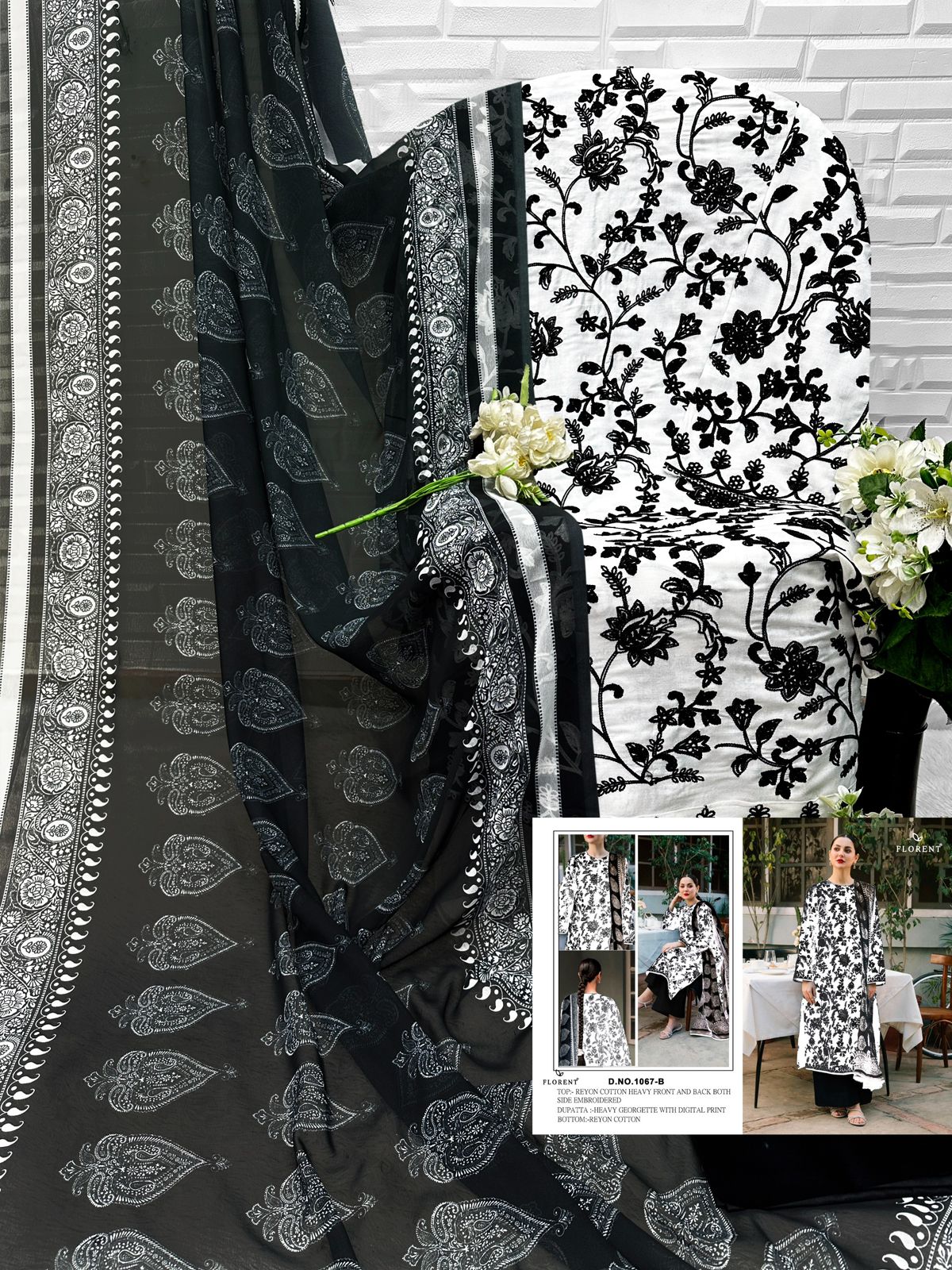 Black White Rayon Cotton Kurta Set with Dupatta