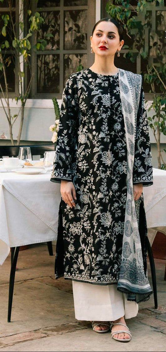 Black Rayon Cotton Embroidered Kurta Set with Dupatta