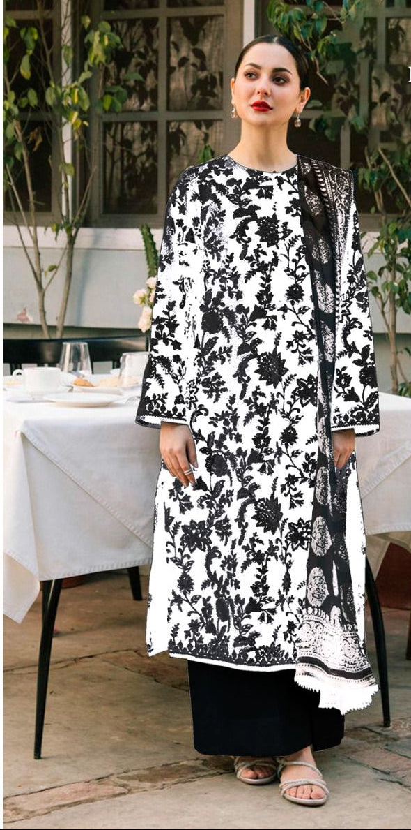 Black White Rayon Cotton Kurta Set with Dupatta