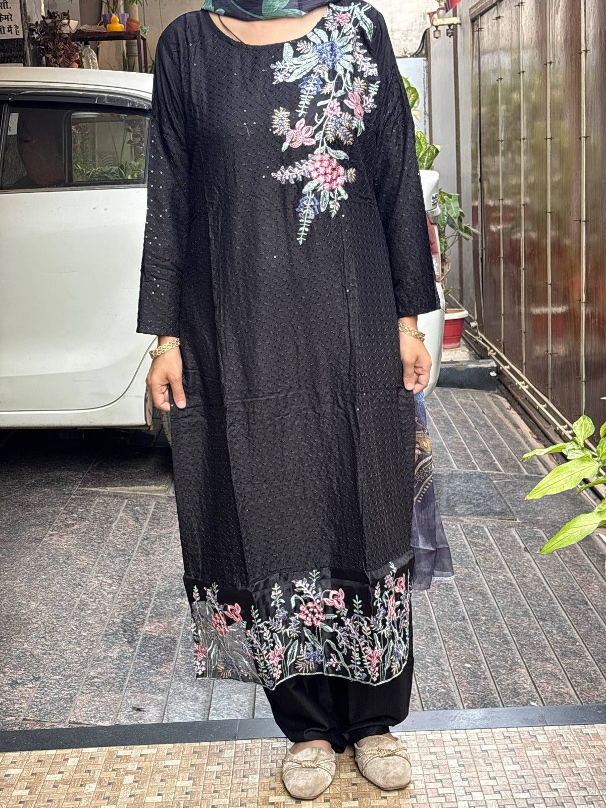 Black Cotton Embroidered Kurta Set for Women