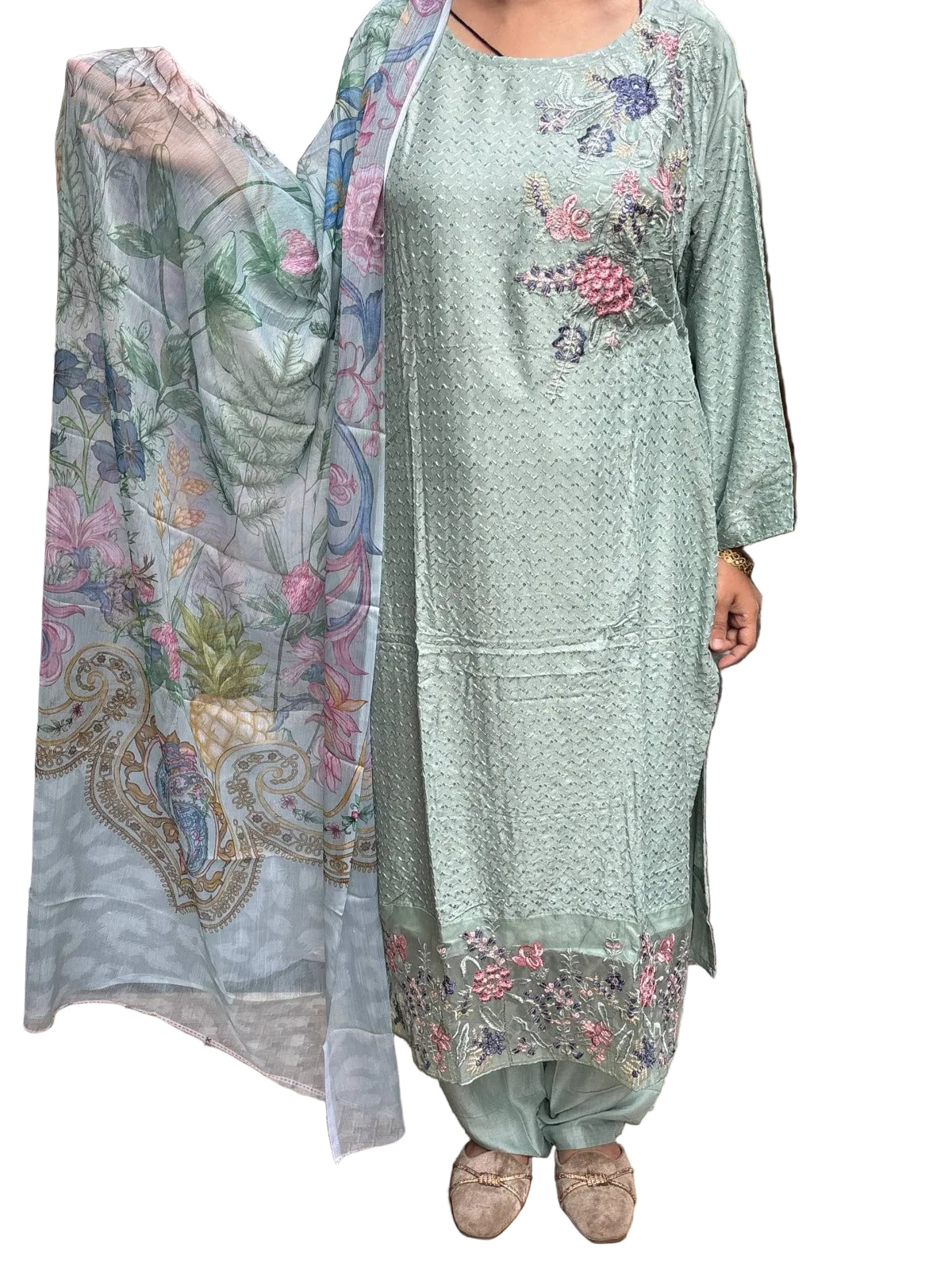 Elegant Pastel Mint Women Cotton Embroidered Kurta Set