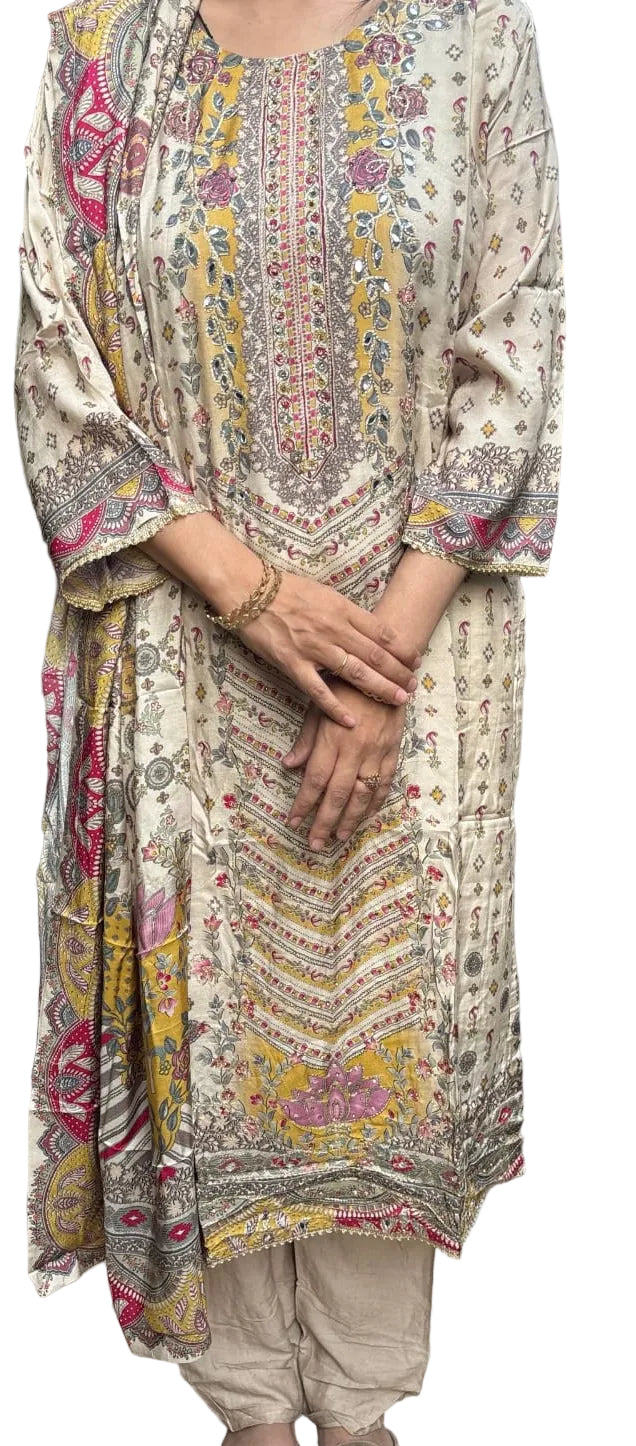 Cream Premium Muslin Printed Kurta Set with Dupatta